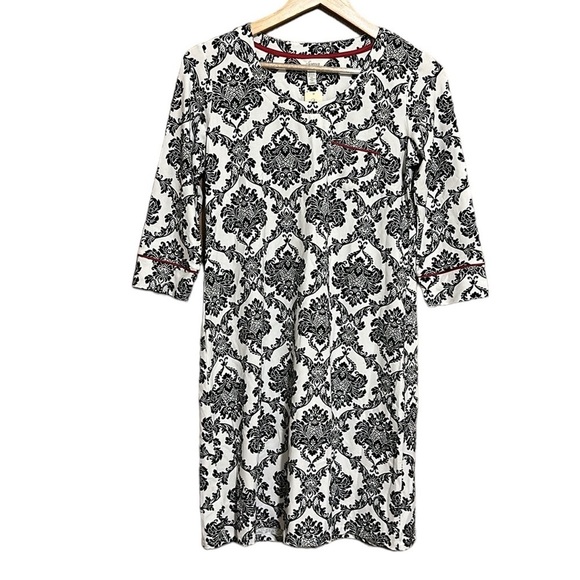 Soma Pajama Nightshirt Top Black White Damask Print Red Trim 3/4 Sleeves XS NWT